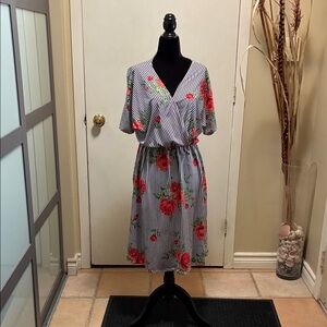 Vine & Love Black and White Striped Midi Dress with Red Floral Print